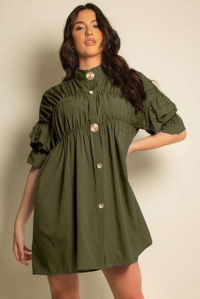Green Button Pleated Dress