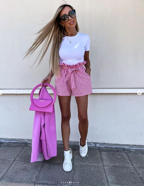 Pink Houndstooth Belted Tailored Shorts