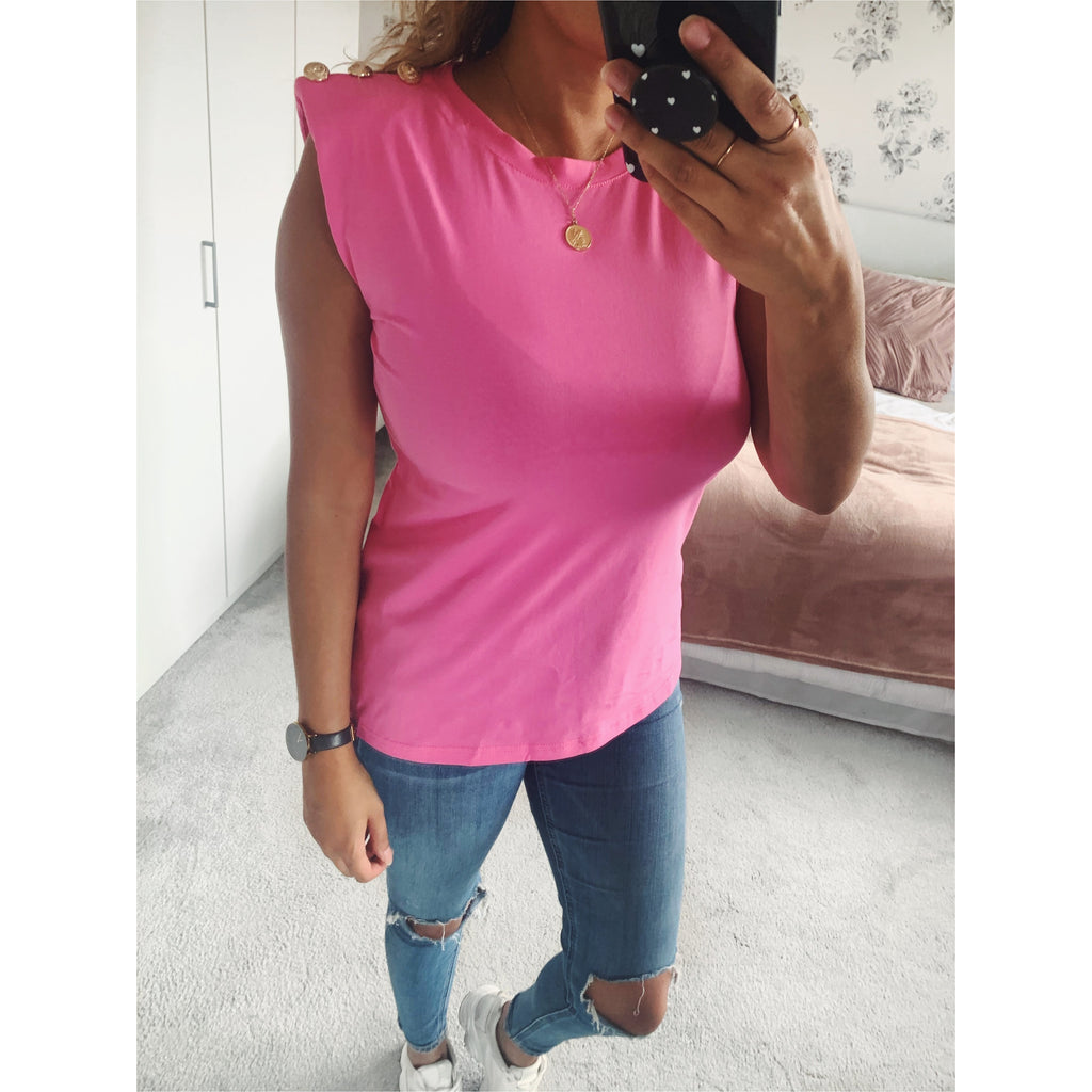 Pink Button T-shirt with Shoulder Pads
