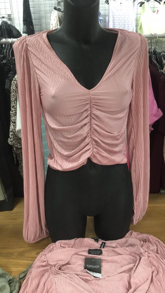 Pink Pleated Crinkle Low Cut Plunge Ruched top